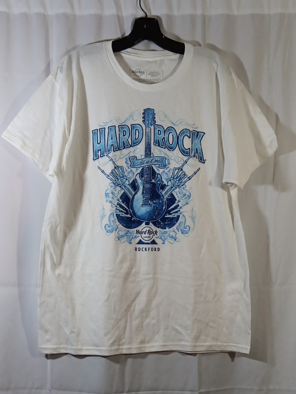 Hard Rock Mens Large Blue Graphic Logo White Tee Rockford Guitar Skeleton